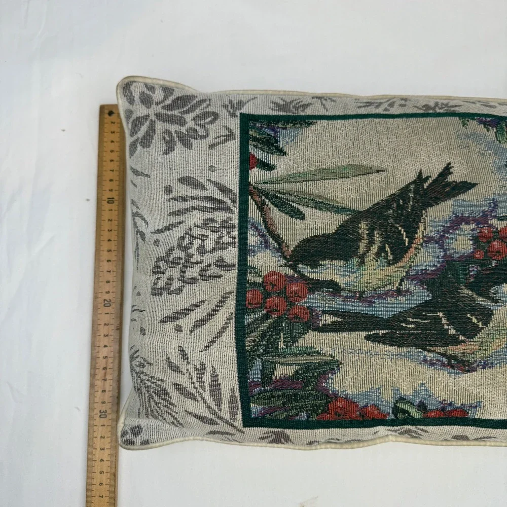Vintage Woven Tapestry Bird Throw Pillow Winter Berries Rectangular Accent